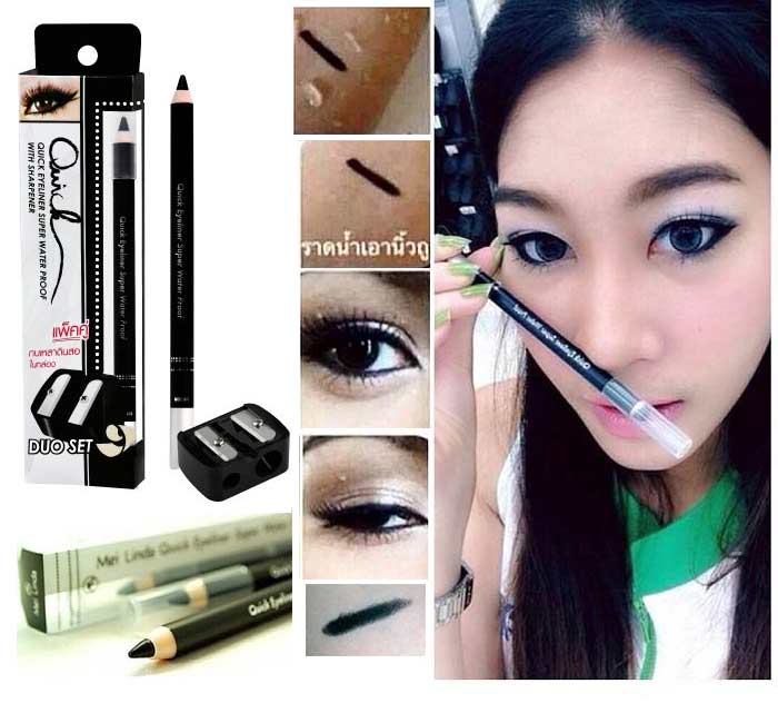 Meilinda Quick Eyeliner Super Water Proof พร้อมกบเหลา       อายไลเนอร์สูตรกันน้ำ สีดำสนิท ติดทนสุดๆ แห้งเร็วมาก สีคมเข้มเน้นๆ เนื้อนุ่มมาก สามารถเขียนได้ทั้งขอบตาล่างและบน มาพร้อมกับกบเหล