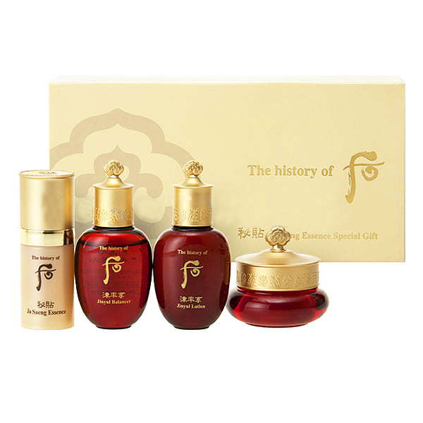 The History of Whoo BiCheup Ja Saeng Essence Special Set (4 items) ครีมระดับราชวงศ์เกาหลี  วัตถุดิบหลัก มาจาก รากโสม และบัวหิมะ ซึ่งจะทำให้ผิวของเรากลับมาดูอ่อนเยาว์ อ่อนวัยขึ้น และอีกทั้งช่วยฟื้นฟูสภาพผิว ให้กลับมาดีขึ้น ชุดลดเลือนริ้ว