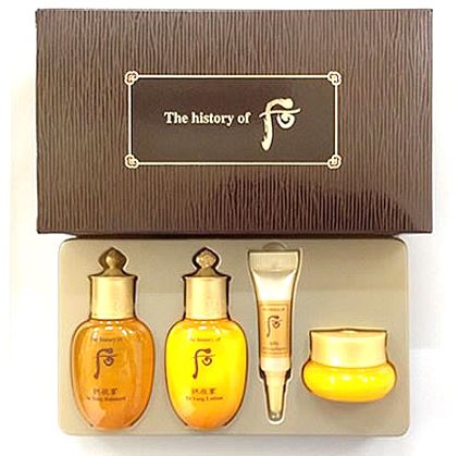 The History of Whoo in yang Special Set (4 items) เซ็ทบำรุงผิวขนาดทดลอง ด้วยส่วนผสมหลัก รากโสมโบราณ เน้นเรื่องช่วยให้ผิวกักเก็บน้ำ ช่วยปรับสมดุลของผู้มีปัญหาเรื่องผิวแห้งมาก หรือมันเกินไป ช่วยไม่ให้ผิวแห้งกร้าน และให้ผิวกระจ่างใสขึ้น ยื