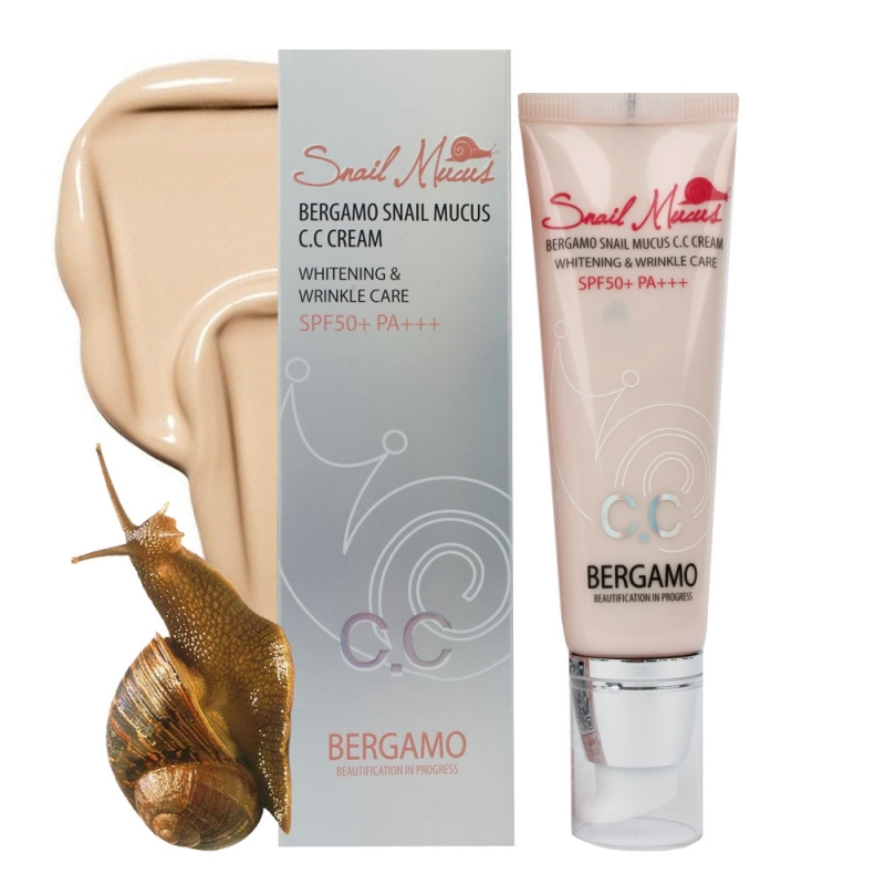 Bergamo Snail Mucus C.C Cream Whitening & Wrinkle Care SPF 50 PA+++ 50ml ครีมที่รวมคุณสมบัติของผลิตภัณฑ์บำรุงผิวอันสมบูรณ์เเบบ ด้วยเนื้อครีมที่บางเบา ไม่มัน ควบคุมสีผิวและปรับสภาพผิวให้มีความนวลเนียน กระจ่างใส แลดูเป็นธรรมชาติ กลมกลืนกับสี