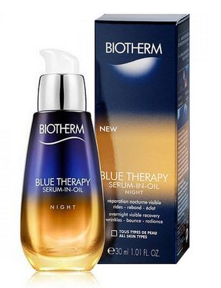 BIOTHERM Blue Therapy Serum-In-Oil Night 30 ml. ออยล์เซรั่ม บำรุงยามค่ำคืน ผสานด้วยน้ำมันล้ำค่าไว้ในสูตรเดียว ซึมเข้าฟื้นบำรุงได้อย่างรวดเร็ว เบาสบายไม่เหนอะหนะ เพียง 1 เดือน ช่วยลดเลือนริ้วรอย ปรับปรุงความยืดหยุ่น และเสริมความเปล่งปลั่งอย่างเ