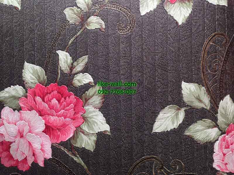วอลเปเปอร์ติดผนังลายดอกไม้สีชมพู พื้นสีดำ
