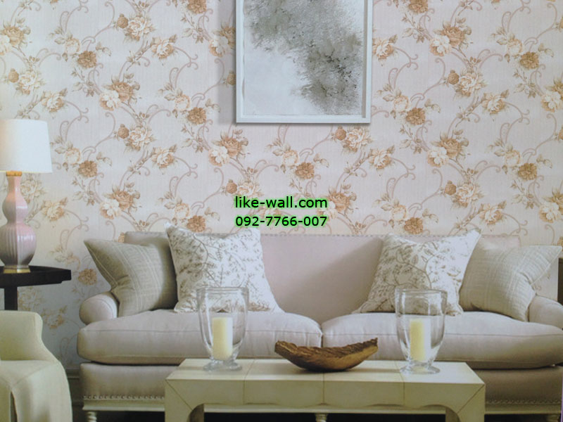 ตัวอย่างวอลเปเปอร์ติดผนังลายดอกไม้สีส้ม พื้นสีครีม