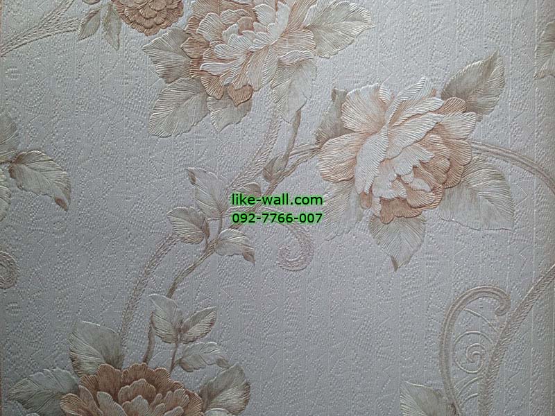 วอลเปเปอร์ติดผนังลายดอกไม้สีส้ม พื้นสีครีม