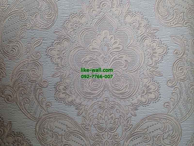 วอลเปเปอร์ติดผนังลายหลุยส์สีทอง พื้นสีฟ้า
