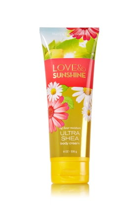 Bath & Body Works Love & Sunshine 24 Hour Moisture Ultra Shea Body Cream 226g. ครีมบำรุงผิวสุดเข้มข้น มีกลิ่นหอมติดทนนาน ด้วยกลิ่นหอมของดอกเดซี่ผสมกลิ่นหอมสดชื่นของมะนาวและสตรอเบอรี่ กระตุ้นความรู้สึกสดชื่นดั่งกลิ่นหอมของดอกไม้ยามเช้าค