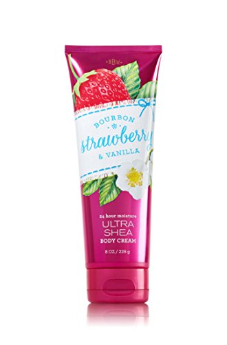 Bath & Body Works Bourbon Strawberry & Vanilla 24 Hour Moisture Ultra Shea Body Cream 226g. ครีมบำรุงผิวสุดเข้มข้น มีกลิ่นหอมติดทนนาน ด้วยกลิ่นโทนหอมหวานของสตรอเบอร์รี่และแอปริคอท  ผสมกลิ่นวนิลลาคะ