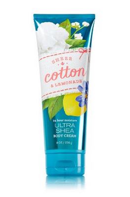 Bath & Body Works Sheer Cotton & Lemonade 24 Hour Moisture Ultra Shea Body Cream 226g. ครีมบำรุงผิวสุดเข้มข้น มีกลิ่นหอมติดทนนาน ด้วยกลิ่นหอมสะอาดของคอตตอนผสมกลิ่นมะนาว หอมสะอาดสดชื่นคะ
