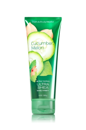 Bath & Body Works Cucumber Melon 24 Hour Moisture Ultra Shea Body Cream 226g. ครีมบำรุงผิวสุดเข้มข้น มีกลิ่นหอมติดทนนาน ด้วยกลิ่นเมลอน เป็นกลิ่นแนวสดชื่น หอมอ่อนๆ ใช้ได้ทั้งชายและหญิง