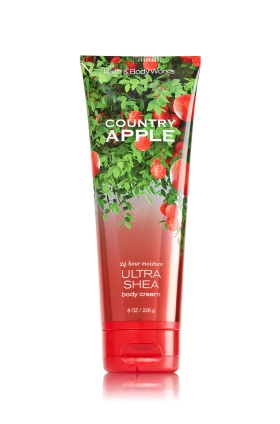 Bath & Body Works Country Apple 24 Hour Moisture Ultra Shea Body Cream 226g. ครีมบำรุงผิวสุดเข้มข้น มีกลิ่นหอมติดทนนาน ด้วยกลิ่นนี้จะหอมแอปเปิ้ลผสมกลิ่นโยเกิร์ต กลิ่นคล้ายซูกัสเม็ดสีเขียว หอมหวานซ่อนเปรี้ยว น่ารักซนๆ และให้ความรู้สึกสดชื่น