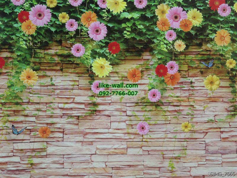 วอลเปเปอร์ติดผนังพื้นลายอิฐ มีดอกไม้