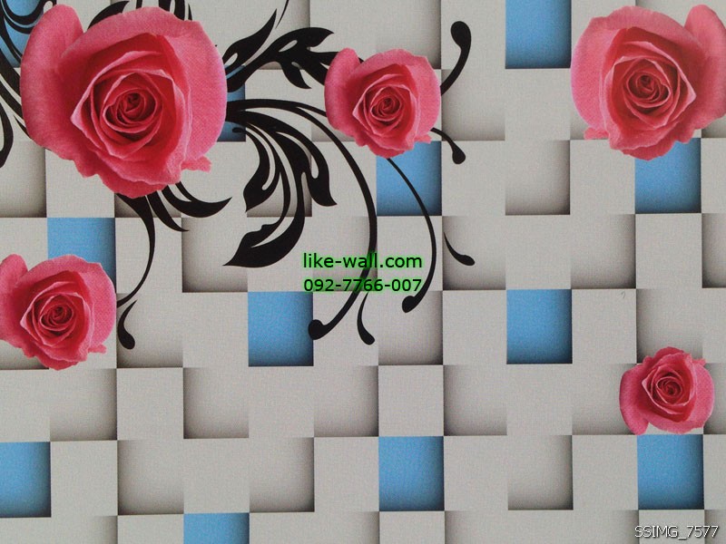 วอลเปเปอร์ติดผนังลายกราฟฟิกสี่เหลี่ยม ดอกกุหลาบ