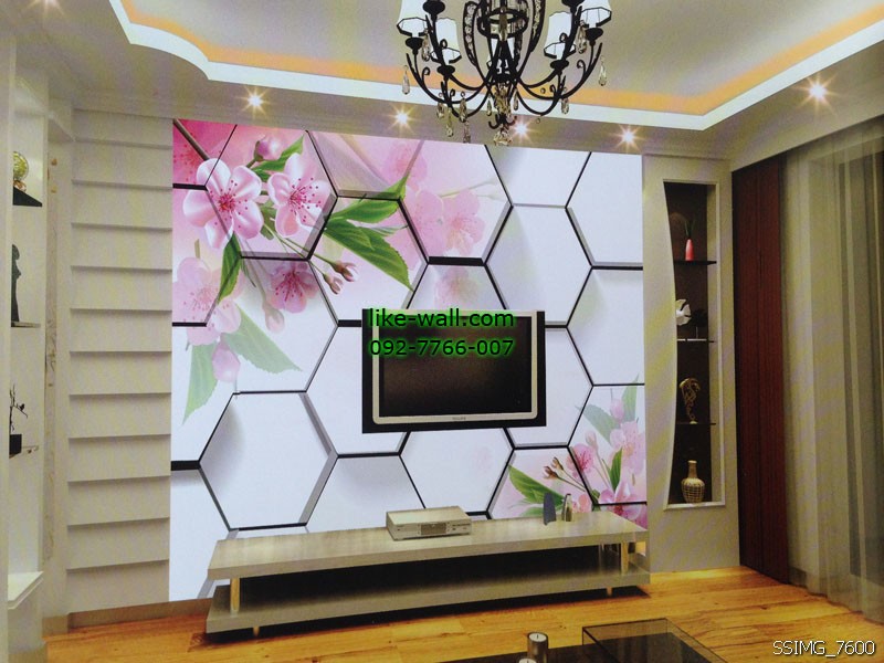 ตัวอย่างวอลเปเปอร์ติดผนังลายดอกไม้ พื้นหลังหกเหลี่ยม
