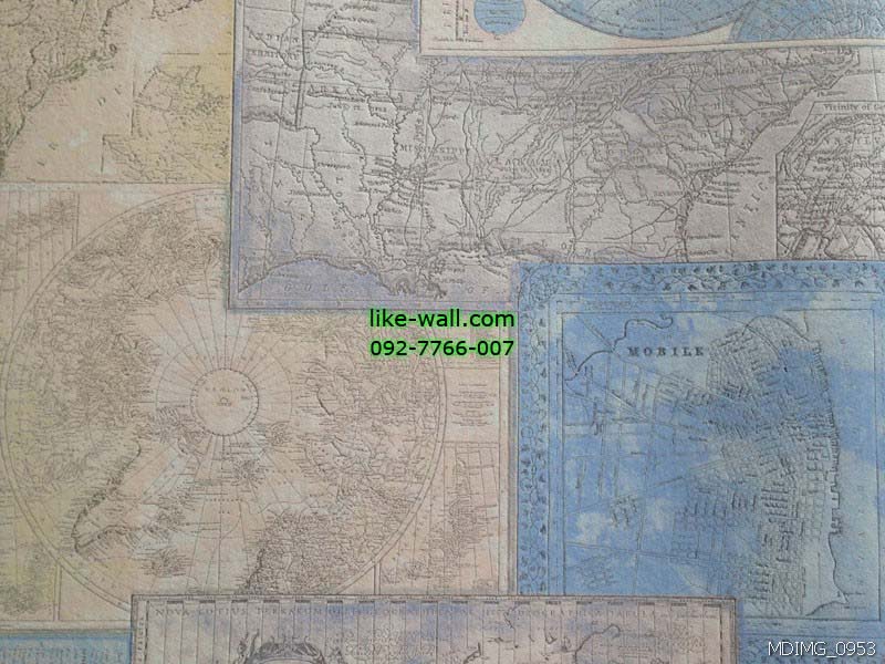 วอลเปเปอร์ติดผนังตัวหนังสือลายแผนที่ สีฟ้า