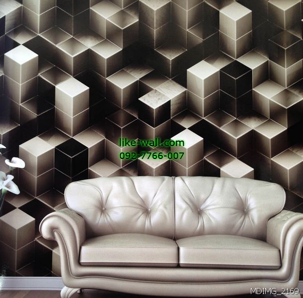 ตัวอย่างการติดตั้งวอลเปเปอร์ติดผนังลายแท่งสี่เหลี่ยม 3D สีดำ-เทา