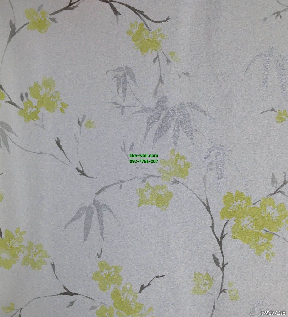 วอลเปเปอร์ติดผนัง ลายดอกไม้ และใบไม้ สีเหลือง 