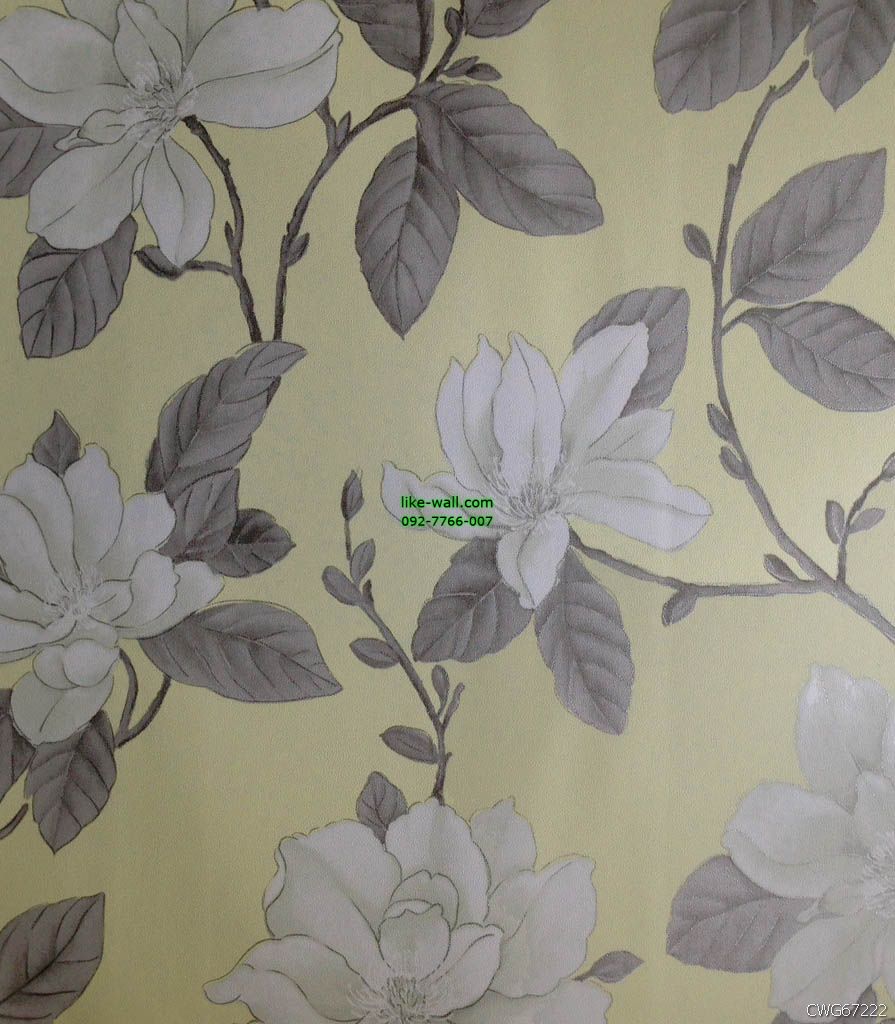 วอลเปเปอร์ติดผนัง ลายดอกกล้วยไม้ สีขาว พื้นหลังสีเหลือง 