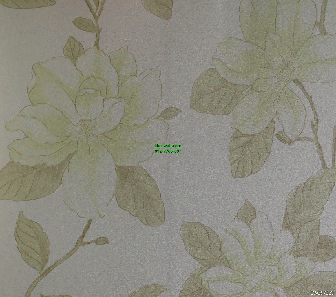 วอลเปเปอร์ติดผนัง ลายดอกกล้วยไม้ สีเขียวออกเหลือง พื้นหลังสีขาว