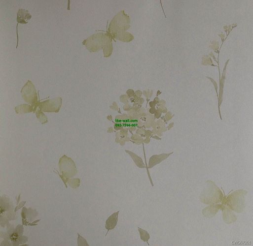 วอลเปเปอร์ติดผนัง ลายใบไม้ และผีเสื้อ สีเหลืองซีด พื้นหลังสีขาว