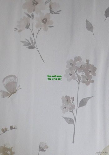 วอลเปเปอร์ติดผนัง ลายใบไม้ และผีเสื้อ สีเทา พื้นหลังสีขาว