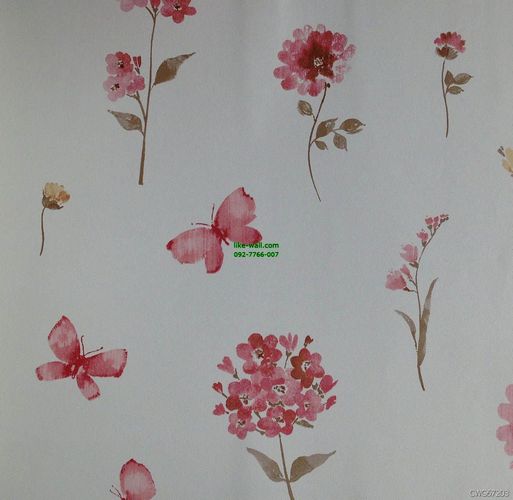 วอลเปเปอร์ติดผนัง ลายใบไม้ และผีเสื้อ สีชมพูเข้ม พื้นหลังสีขาว