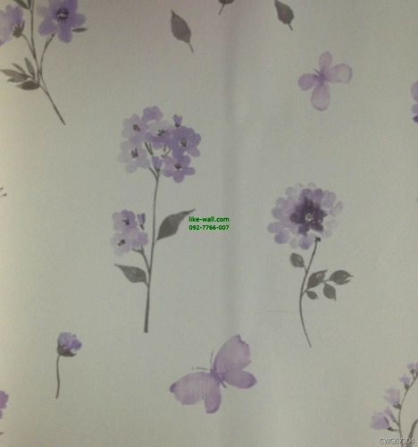 วอลเปเปอร์ติดผนัง ลายใบไม้ และผีเสื้อ สีม่วง พื้นหลังสีขาว