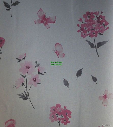 วอลเปเปอร์ติดผนัง ลายใบไม้ และผีเสื้อ สีชมพูอ่อน พื้นหลังสีขาว