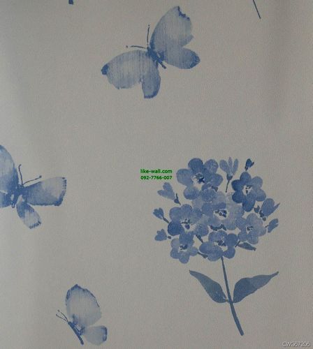 วอลเปเปอร์ติดผนัง ลายใบไม้ และผีเสื้อ สีฟ้า พื้นหลังสีขาว