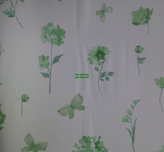 วอลเปเปอร์ติดผนัง ลายใบไม้ และผีเสื้อ สีเขียว พื้นหลังสีขาว