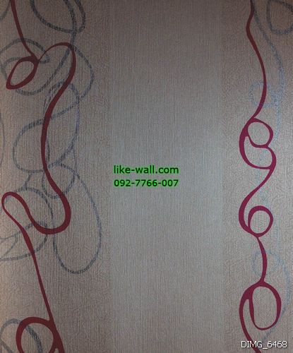 วอลเปเปอร์ติดผนัง ลายเส้นโค้งดัด สีแดง-เงิน พื้นหลังสีครีม