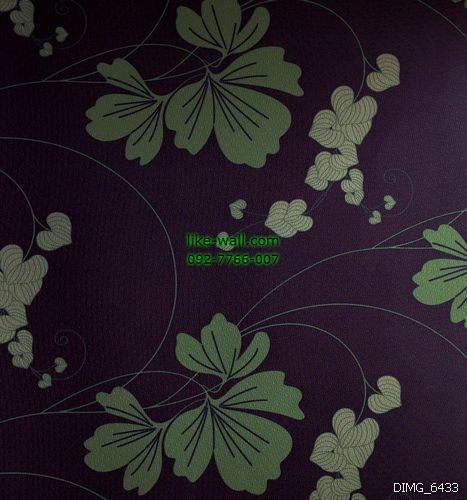 วอลเปเปอร์ติดผนัง ลายใบไม้ สีเขียว พื้นหลังสีม่วง