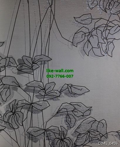 วอลเปเปอร์ติดผนัง ลายเส้นใบไม้ สีเทาเส้นสีดำ พื้นหลังสีขาว