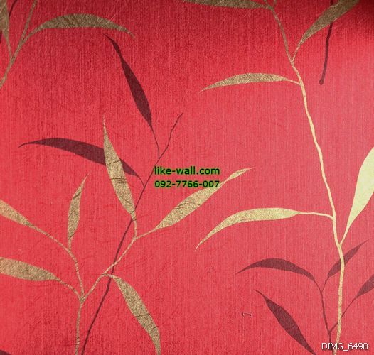 วอลเปเปอร์ติดผนัง ลายใบไม้ สีเหลืองทอง พื้นหลังสีแดง