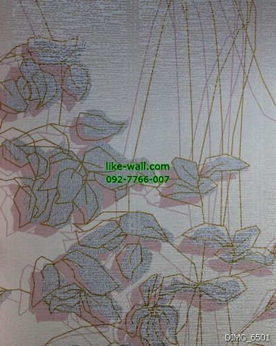 วอลเปเปอร์ติดผนัง ลายเส้นใบไม้ สีขาวเส้นสีทอง พื้นหลังสีม่วงซีด