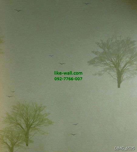 วอลเปเปอร์ติดผนัง ลายต้นไม้ สีเขียว พื้นหลังสีครีม