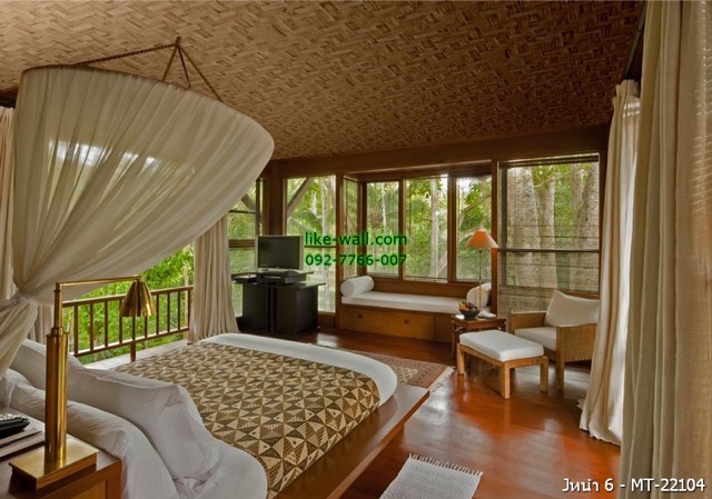 ตัวอย่างการติดวอลเปเปอร์ติดผนัง ลายสานไม้ไผ่ สีน้ำตาล 