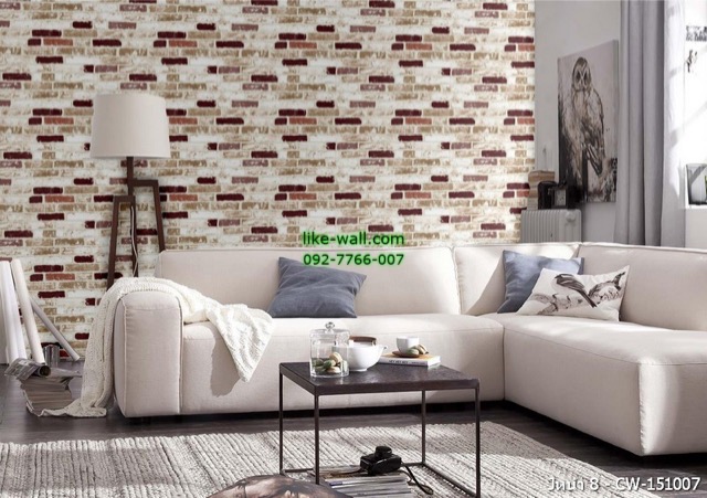 ตัวอย่างการติดวอลเปเปอร์ติดผนัง มุมห้องรับแขก ลายอิฐเล็ก สีน้ำตาลม่วง