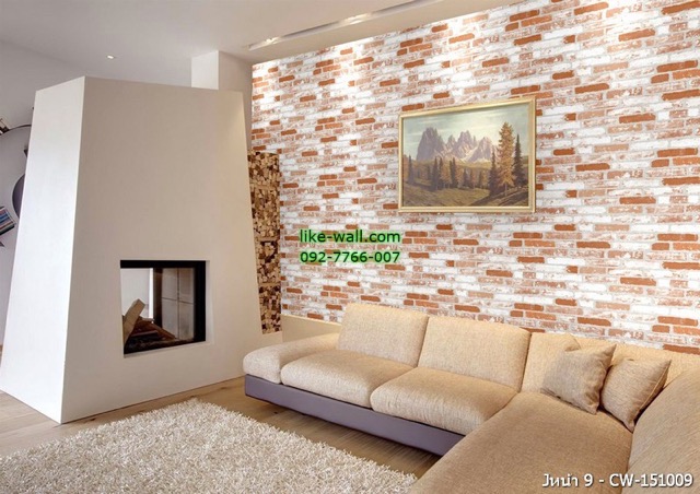 ตัวอย่างการติดวอลเปเปอร์ติดผนัง มุมห้องนั่งเล่น ลายอิฐเล็ก สีส้ม