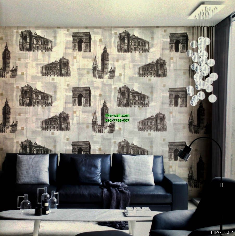 ตัวอย่างการติดวอลเปเปอร์ติดผนัง มุมห้องนั่งเล่น ลายตึกเก่า