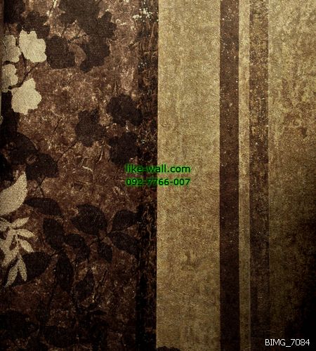 วอลเปเปอร์ติดผนัง ลายทางเส้นตรง และใบไม้ สีน้ำตาลเข้ม