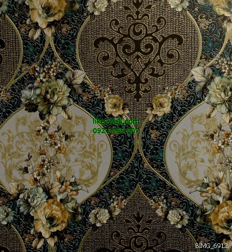 วอลเปเปอร์ติดผนัง ลายหลุยส์ สไตล์วินเทจ สีเขียวเข้ม