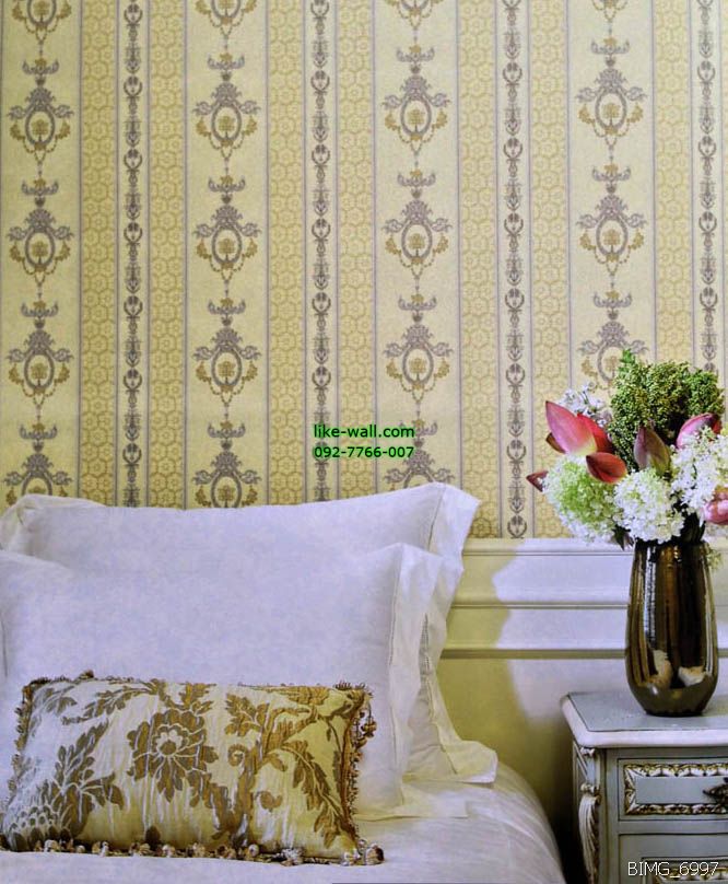 วอลเปเปอร์ติดผนัง ลายทางตรงหลุยส์ สไตล์วินเทจ สีเหลือง