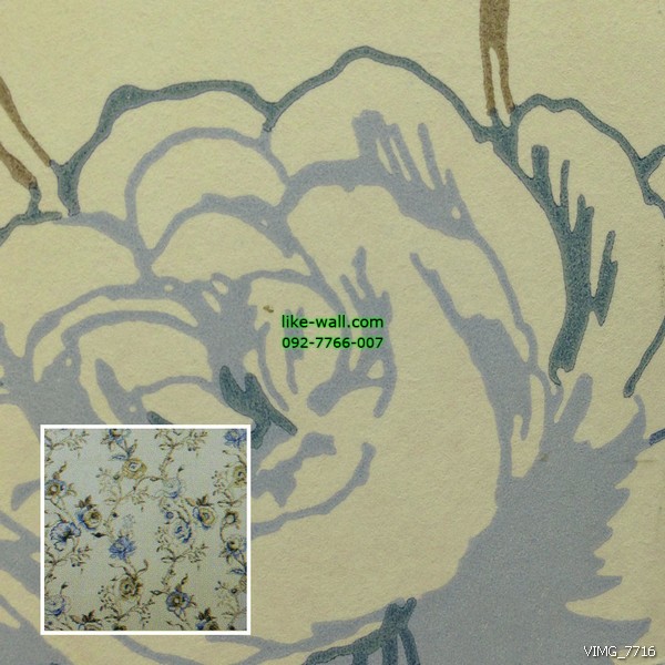 วอลเปเปอร์ติดผนังภายใน ลายดอกกุหลาบ สีฟ้า พื้นหลังสีครีม