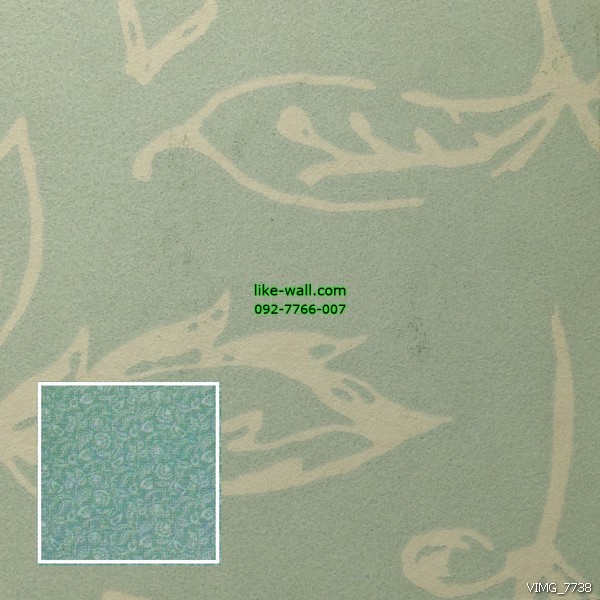 วอลเปเปอร์ติดผนัง ลายดอกไม้ สีครีม พื้นหลังสีเขียวอมฟ้า