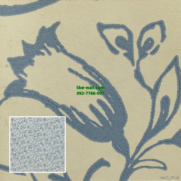 วอลเปเปอร์ติดผนัง ลายดอกไม้ สีฟ้า พื้นหลังสีครีม
