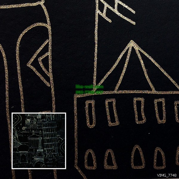 วอลเปเปอร์ติดผนัง ลายหอไอเฟล และสิ่งปลูกสร้าง สีทอง พื้นหลังสีดำ