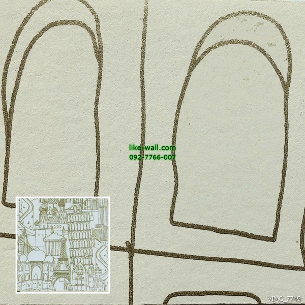 วอลเปเปอร์ติดผนัง ลายหอไอเฟล และสิ่งปลูกสร้าง สีทอง พื้นหลังสีขาว