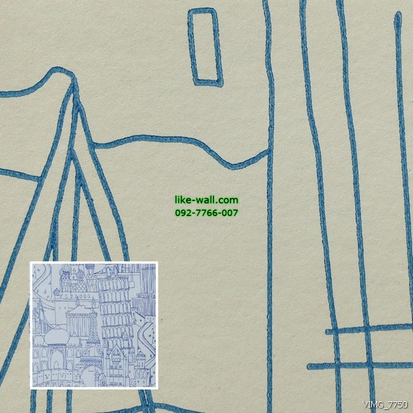 วอลเปเปอร์ติดผนัง ลายหอไอเฟล และสิ่งปลูกสร้าง สีฟ้า พื้นหลังสีขาว