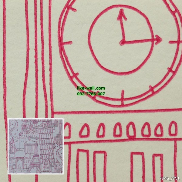 วอลเปเปอร์ติดผนัง ลายหอไอเฟล และสิ่งปลูกสร้าง สีชมพู พื้นหลังสีขาว