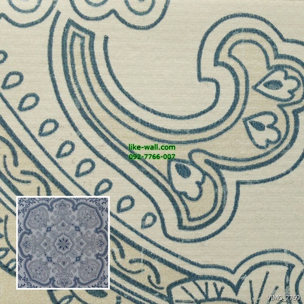 วอลเปเปอร์ติดผนัง ลายหลุยส์ สีฟ้า พื้นหลังสีขาว